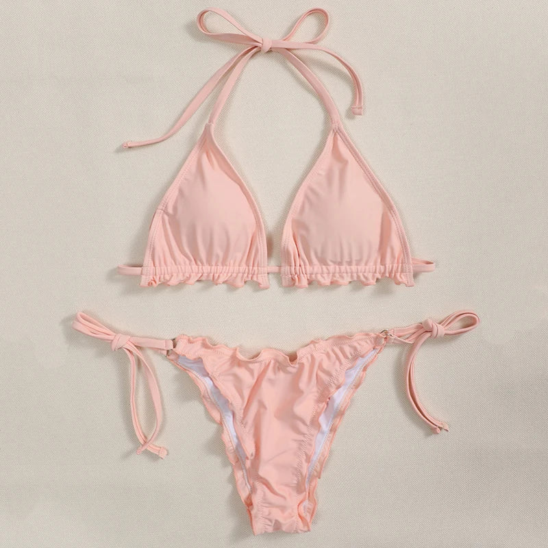 Halter String Ruffled Frilled Bikini 2026 Women Swimsuit Female Swimwear Two Pieces Bikini Set Padded Bather Bathing Suit Swim