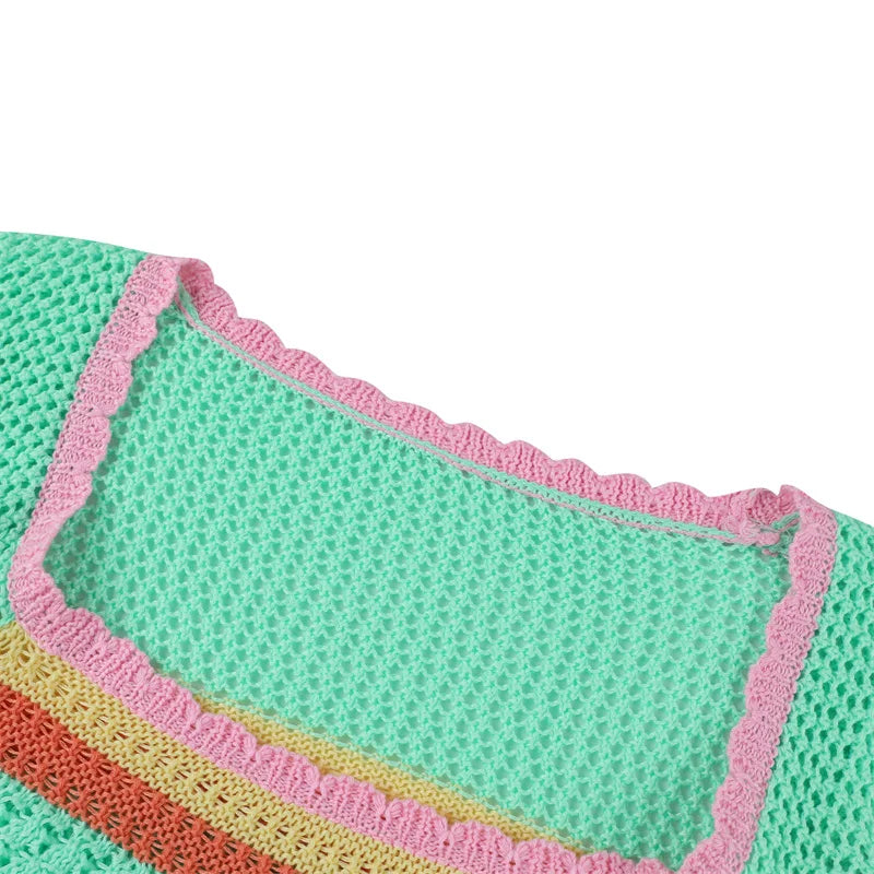 Women Summer Crop Tops Splicing Crochet Square Neck Long Sleeves Knitted T-shirt Tops 2021 Streetwear for Girls Green