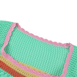 Women Summer Crop Tops Splicing Crochet Square Neck Long Sleeves Knitted T-shirt Tops 2021 Streetwear for Girls Green