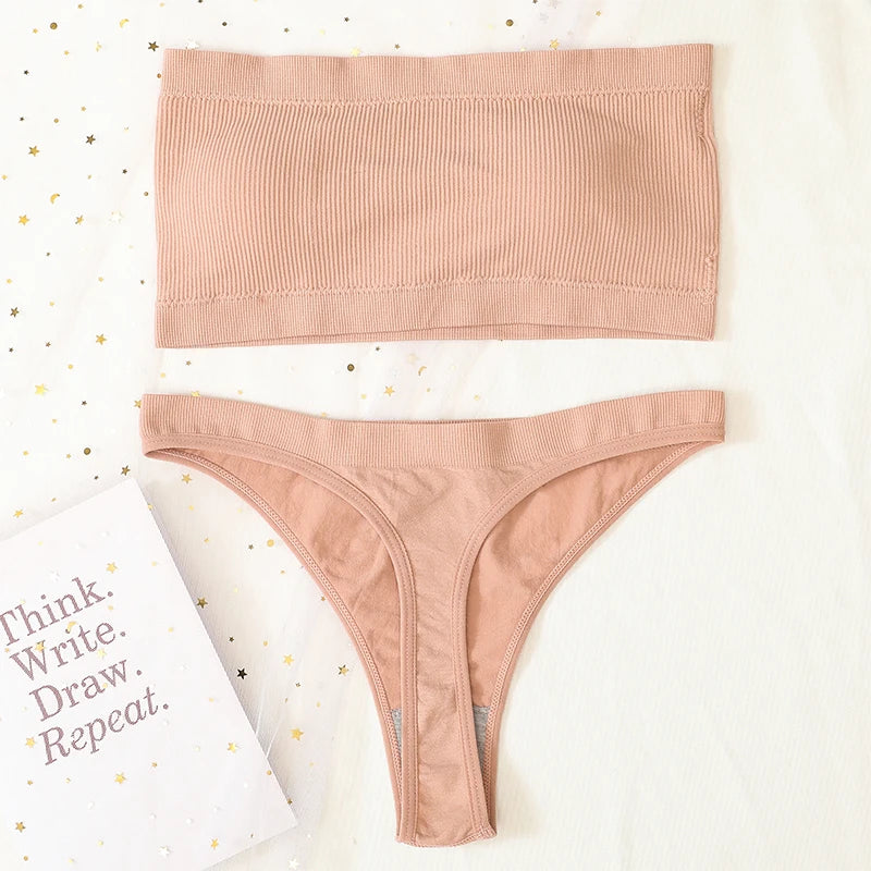 Women Strapless Bra And Panties Set Bandeau Bra High Waist Thong Seamless Underwear Sexy Tube Bra Female Sexy Lingerie Set M-XL