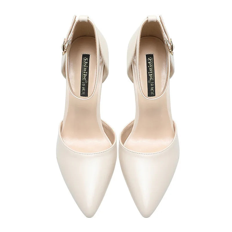 2025 Summer Brand Ankle Straps Womens Sandals 10 Cm Sexy Pointed Toe Platform Pumps Matte Leather Ladies High Heels Size 32 33