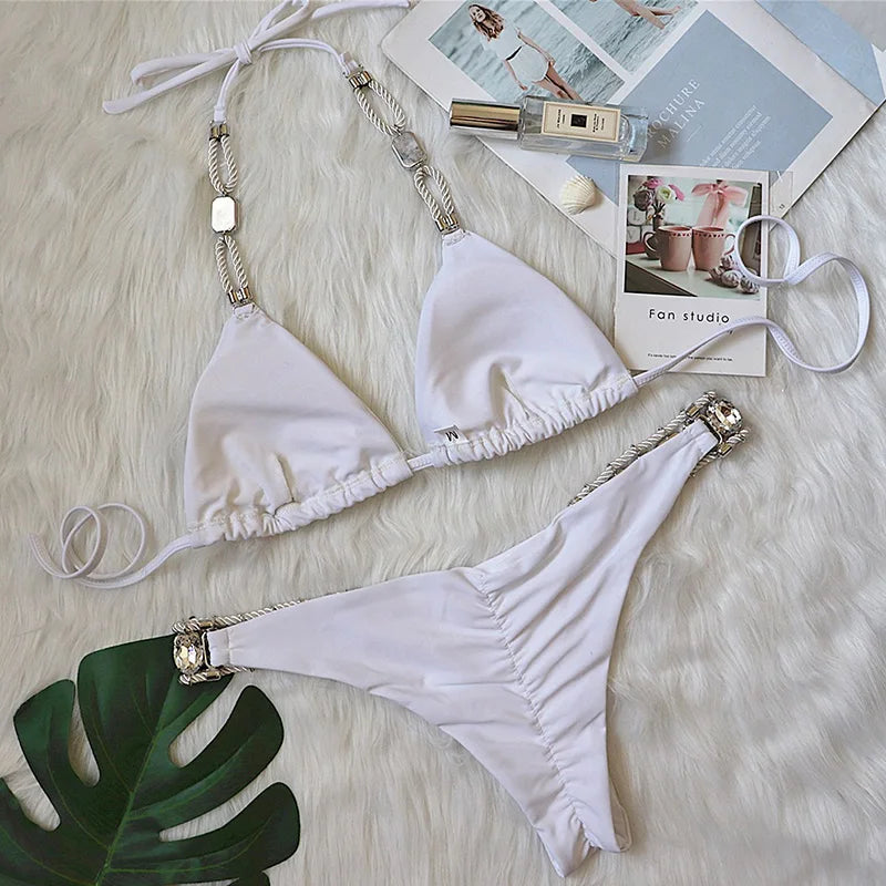 Halter Shiny Crystal Diamond Bikini Women Bandage Swimsuit Female Swimwear Rhinestone Bikini set Brazilian Bathing Suit Swim