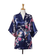 Lace Up Woman Peacock Print Japanese Kimono Yukata Silk Satin Short Style Sleepwear Home Nightgown Bath Robe Costume