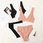Women Ribbed V-Neck Unpadded Bra High Waist High Cut Briefs Set Wireless Bralette Soft Stretch Panties Sexy Lingerie Set S-L