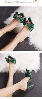 2025 Silk Butterfly Knot Women PVC Slippers Mule 11cm High Heels Slippers Luxury Sandals Pointed Toe Strappy Slides Party Shoes