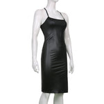 Women Sexy Suspender Mid-length Bodycon Dress Fashion Solid Color Leather Bandage Backless Skinny Split Dress For Female Mujer
