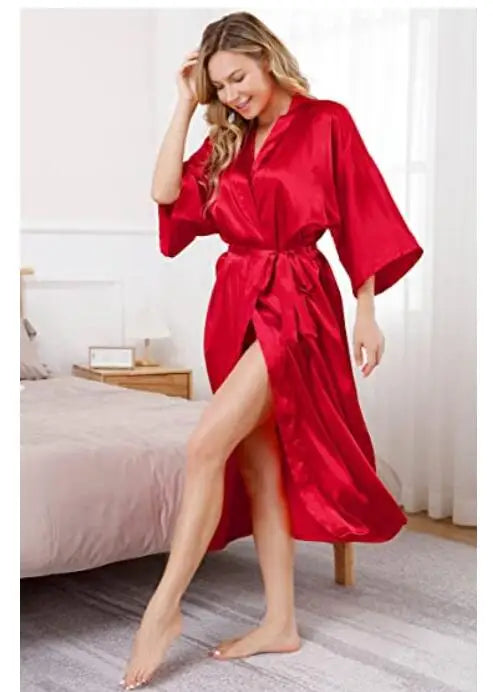 Sexy women extra long bathrobe Silky Satin robe Charming Women's Lengthened Casual Bathrobe Long Sleeved Robe Homewear