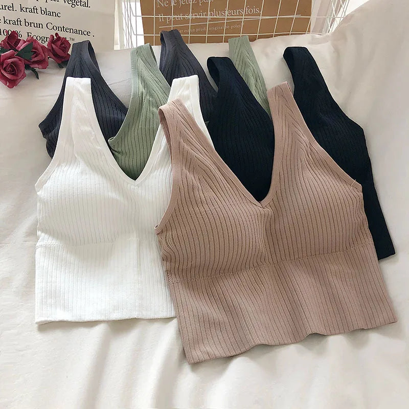 Women's Tank Crop Tops Female Tops Sexy Lingerie Seamless Underwear Streetwear V Neck Cropped Tee Padded Camisole
