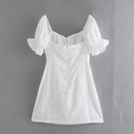 Foridol White Lace Summer Dress for Women Flower Embriodery Cotton Mini Dress Puff Sleeve Lace Up Ruffles Short Beach Dress