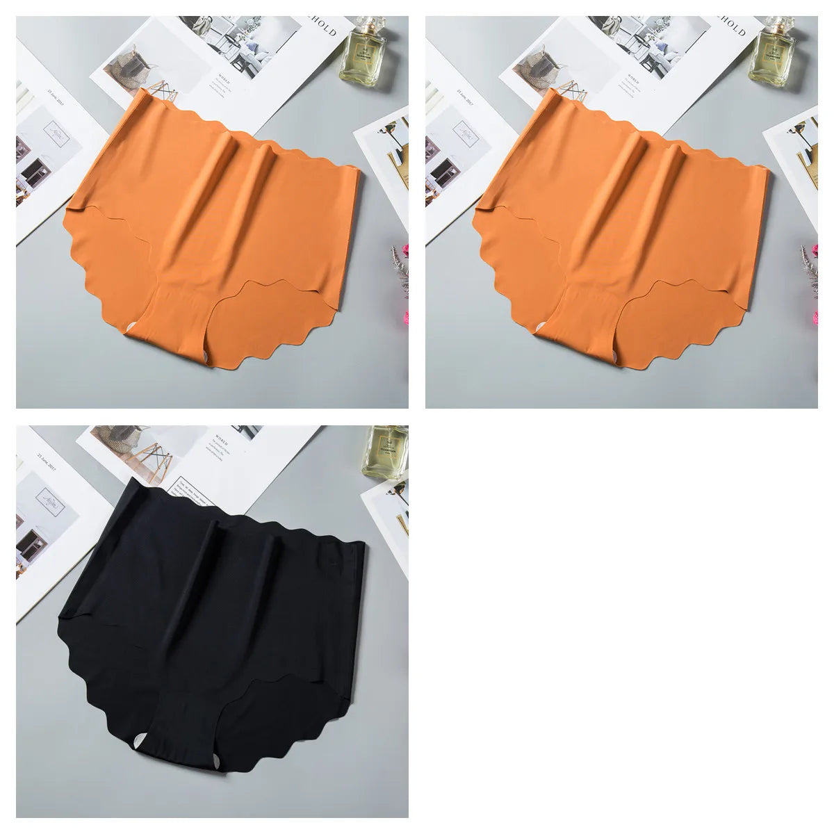 3Pcs/Set Women Ice Silk Panties Wavy Trim Seamless Underwear High Waist Panty No Show Briefs Invisible Ladies Lingerie M-XXL