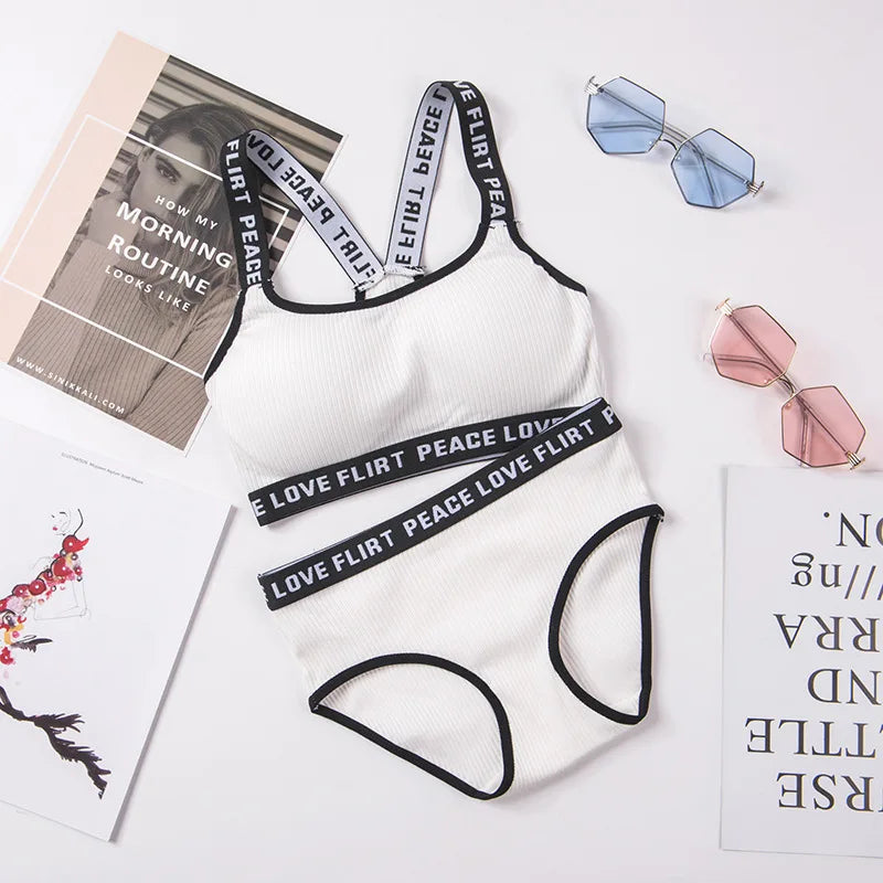 Soft Stripe Cotton Women's Underwear Set Sexy Beauty Back Tops Letter Print Shoulder strap Bralette With Panties 2-pieces Suit