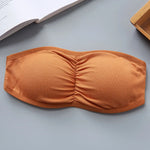 Women Ribbed Strapless Bandeau Bra Anti-Slip Ruched Tube Top Bra Removable Breathable Pads Adjustable Back Hooks One Size
