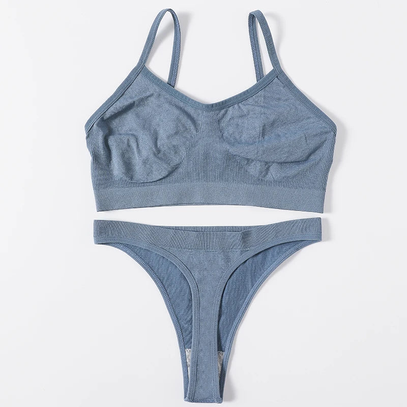 Women Ribbed Bra And Panties Set Seamless Bra Low Rise Thongs Sexy Lingerie Set Comfort Wire Free Tops Female Underwear