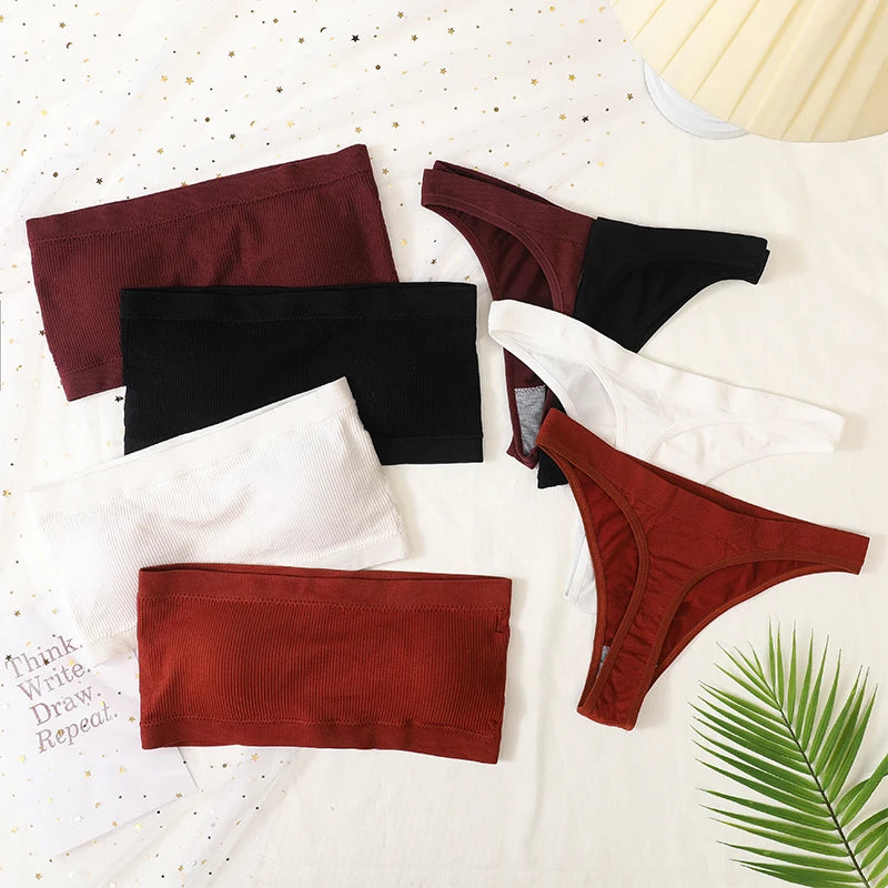 Women Strapless Bra And Panties Set Bandeau Bra High Waist Thong Seamless Underwear Sexy Tube Bra Female Sexy Lingerie Set M-XL