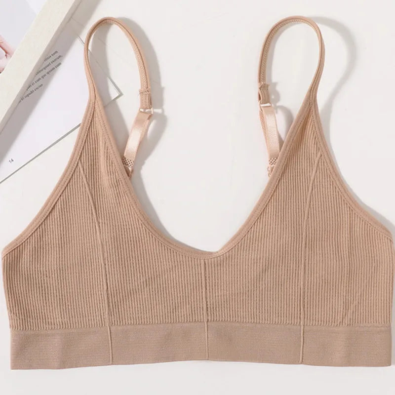 Seamless Tube Top Women's Ribbed V-Neck Wireless Bralette U-Back Daily Wear Bra Sexy Lingerie Adjust Straps Sports Underwear M-L