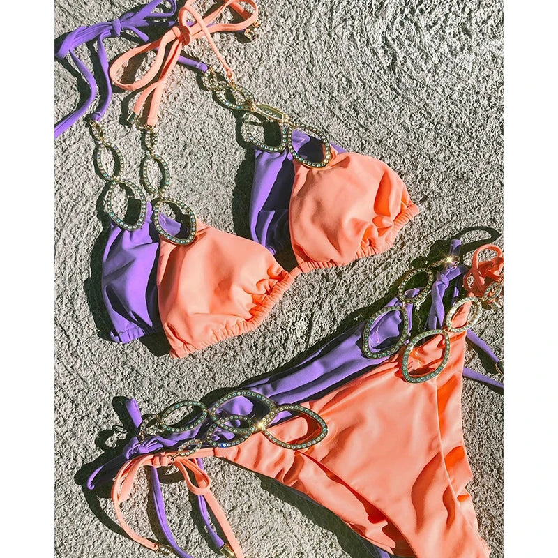 New Shiny Crystal Diamond Bikini 2026 Women Halter Bandage Swimsuit Female Swimwear Rhinestone Bikini set Brazilian Bathing Suit