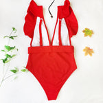 Sexy One Piece Swimsuit 2025 White Deep-V Neck Swimwear Women Black Beach High Cut Ruffles Monokini Buckle Bathing Suit Bodysuit