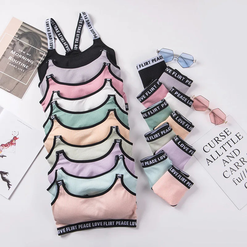 Soft Stripe Cotton Women's Underwear Set Sexy Beauty Back Tops Letter Print Shoulder strap Bralette With Panties 2-pieces Suit