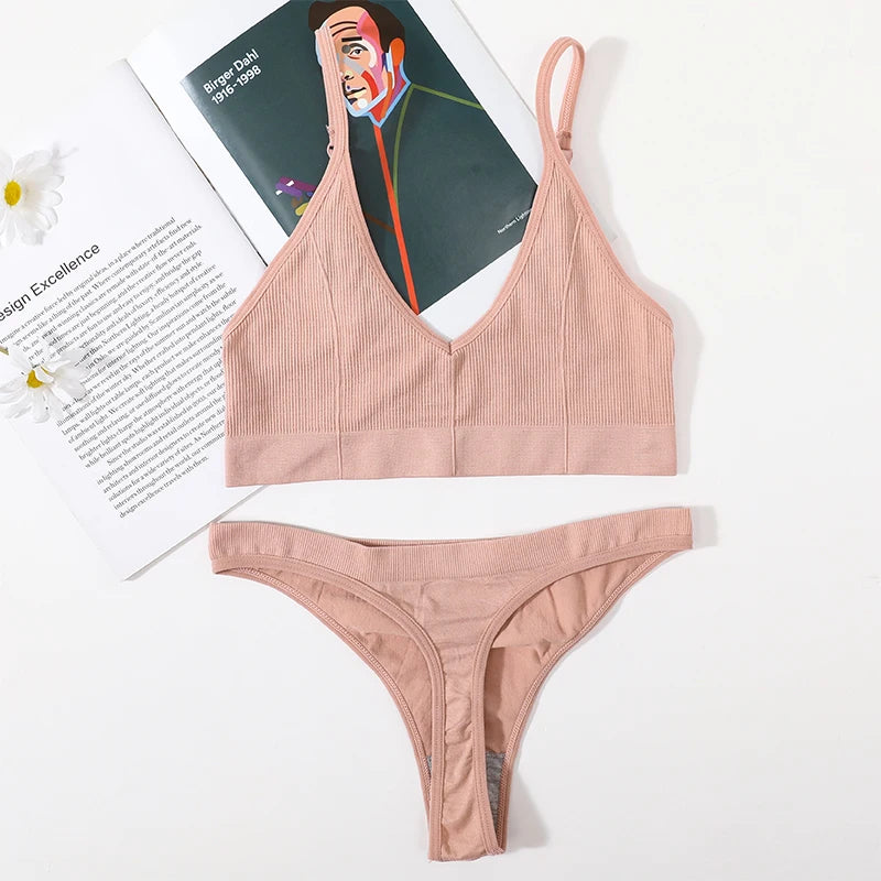 Women Seamless Bra And Panties Set Low Rise Thongs U-Shape Back Crop Top Bralette Comfort Sport Underwear Sexy Lingerie Set