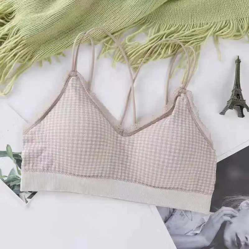Gingham Lace Cross-Back Bralette Wireless Wrap Bra Sexy Lingerie Stretchy Beauty Cross Back Underwear Plaid Lace Trim Tube Bra