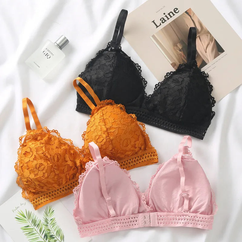 Women Lace Bralette Wirefree Sexy Lingerie Female Solid Color Brassiere Wireless Underwear V-Neck Push Up Bras For Women