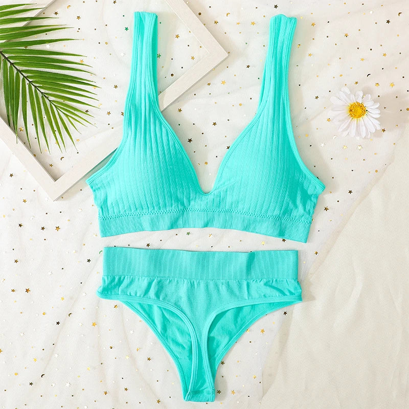 Women Push-Up Bra And Panties Set Sexy Lingerie V-neck Non-wire Bralette with Removable Pads Seamless Crop Top High Waist Thong