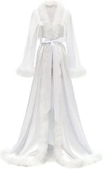 Women's Satin Robe Fur Nightgown Bathrobe Sleepwear Feather Bridal Robe with Belt