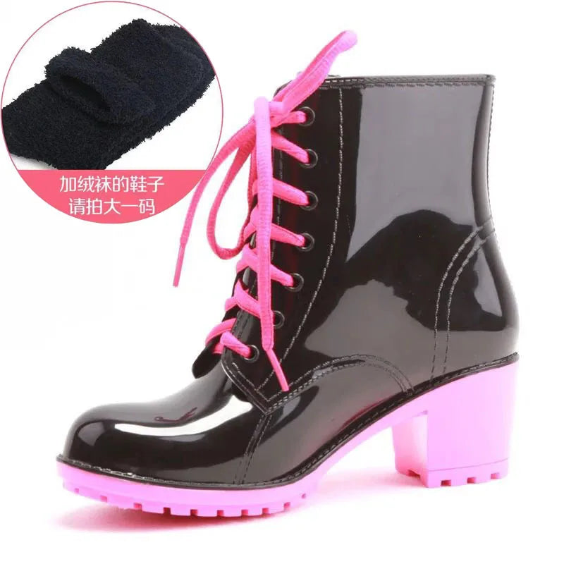 Women's Ankle Rain Boots Autumn Oxford Plain Shoes Woman Dress Zipper Shoe Formal OL High Heels Lady Black Footwear 2019