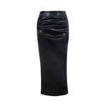 Women Autumn Sexy High Waist Bodycon Skirt Fashion Adults Slim-fit Solid Color Slit Leather Long Skirt Black/White