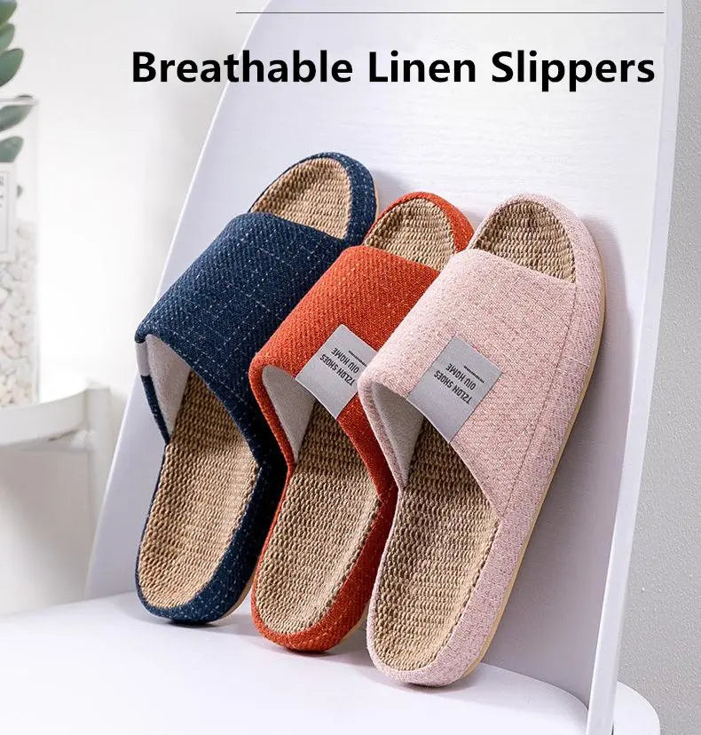 Breathable Flax Slippers Women Men Indoor Mute Slipper Anti-slip Lovers House Floor Shoes SoftLadies Summer Home Slides