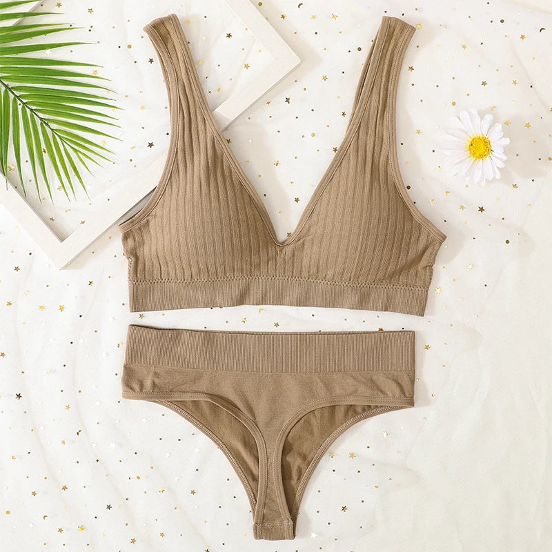 Women Push-Up Bra And Panties Set Sexy Lingerie V-neck Non-wire Bralette with Removable Pads Seamless Crop Top High Waist Thong