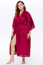 Womens Nightdress Sexy Long LaceLingerie Bath Robe Gown Imitation Ice Silk Nightdress Solid Color Nightgown Nightwear