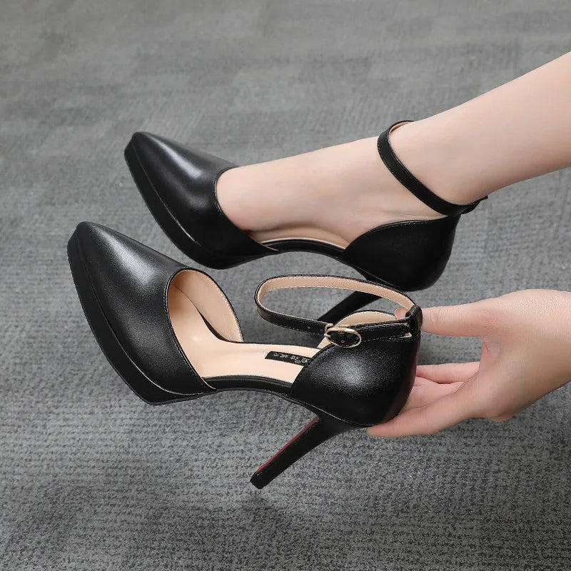 2025 Summer Brand Ankle Straps Womens Sandals 10 Cm Sexy Pointed Toe Platform Pumps Matte Leather Ladies High Heels Size 32 33