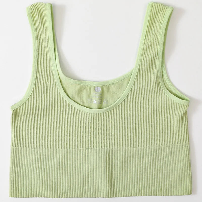Women Seamless Ribbed Tank Top High Elastic Sleeveless Crop Top Sexy Lingerie Sports O-neck Cropped Bra Daily Camisole M-XL