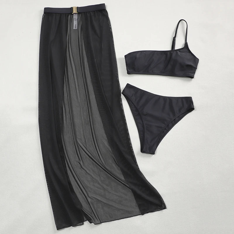 New One shoulder Bikini 2025 Female Swimsuit Women Swimwear Three-pieces Bikini set Mesh Long Skirt Beach wear Bathing Suit Swim