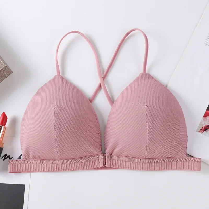 Front Closure Bra Deep V Bras For Women Thin Cross Straps Wire Free Brassiere Pdded Bralette Women's Underwear Sexy Lingerie