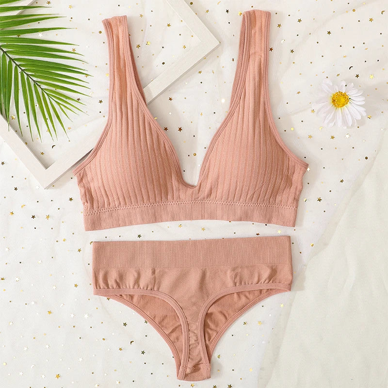 Women Push-Up Bra And Panties Set Sexy Lingerie V-neck Non-wire Bralette with Removable Pads Seamless Crop Top High Waist Thong