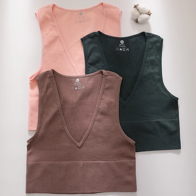 Deep V-Neck Crop Top 18 Colors Slim Fit Tank Stretchy Sleeveless Crop Vest Casual Ribbed Knit Top Low Cut Summer Camisole M-XL