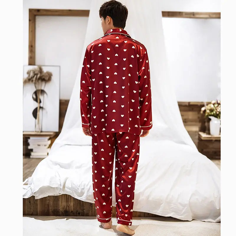 Lovers Print Dot Pajamas Set Couples Satin Pijamas Sleepwear Men&Women Causal Pyjamas Nightwear Plus Size 3XL 4XL Home Longewear