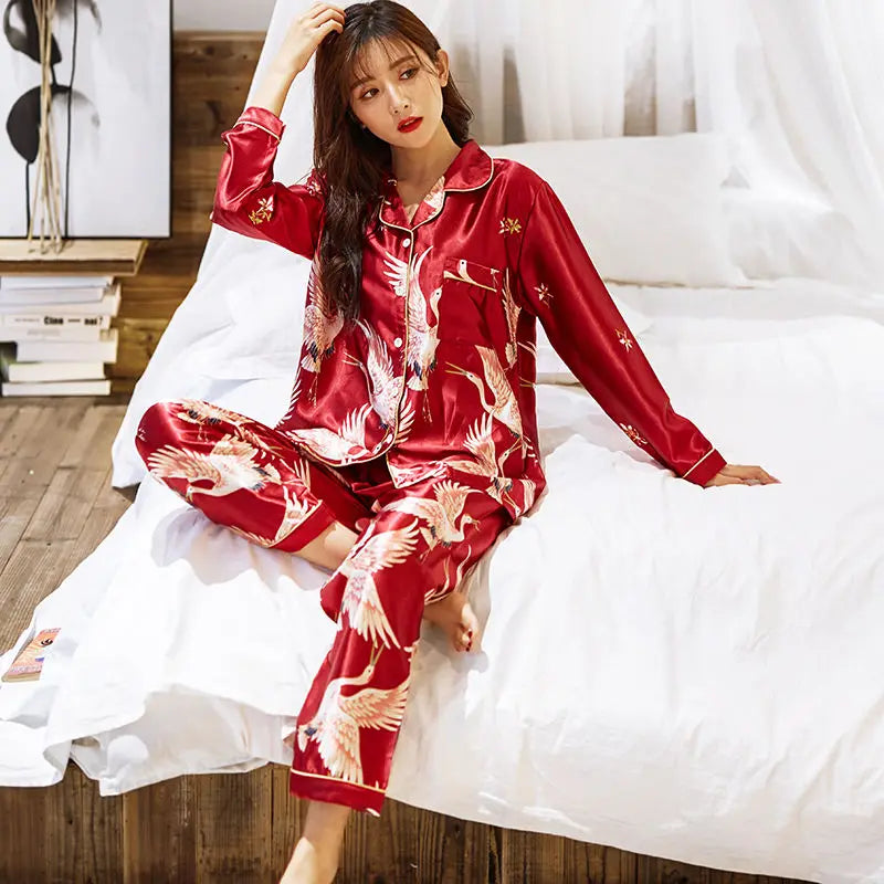 Lovers Print Dot Pajamas Set Couples Satin Pijamas Sleepwear Men&Women Causal Pyjamas Nightwear Plus Size 3XL 4XL Home Longewear