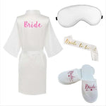 4pc set of bride robe eyemask slippers sash bridesmaid kimono wedding bridal party Bachelorette bathrobe getting ready robes