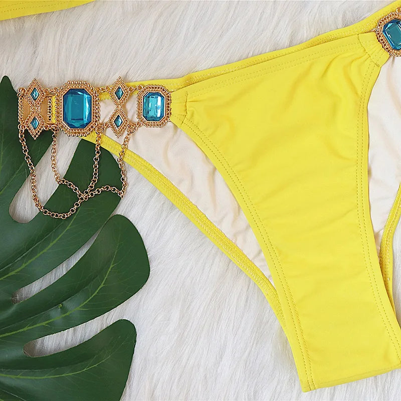 Halter Rhinestone Diamond Bikini Women Swimsuit Female Bikinis Metal Chain Swimwear Two Pieces Bikini Set Bathing Suit Swim Lady
