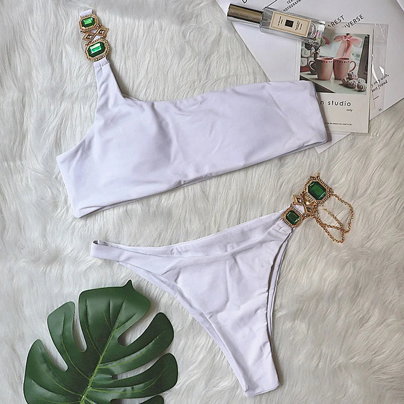 Halter Rhinestone Diamond Bikini Women Swimsuit Female Bikinis Metal Chain Swimwear Two Pieces Bikini Set Bathing Suit Swim Lady