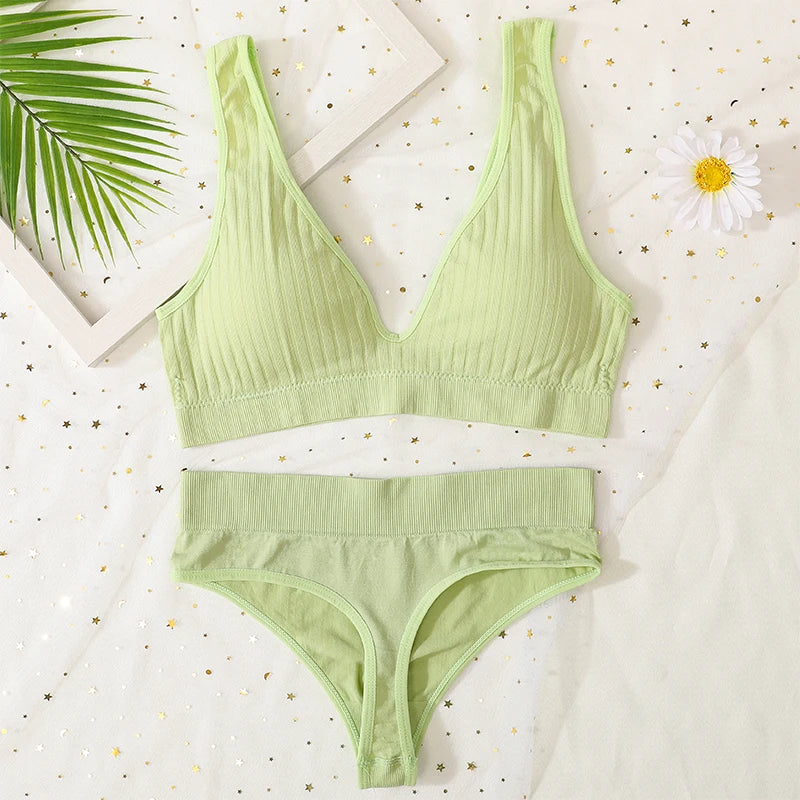 Women Push-Up Bra And Panties Set Sexy Lingerie V-neck Non-wire Bralette with Removable Pads Seamless Crop Top High Waist Thong