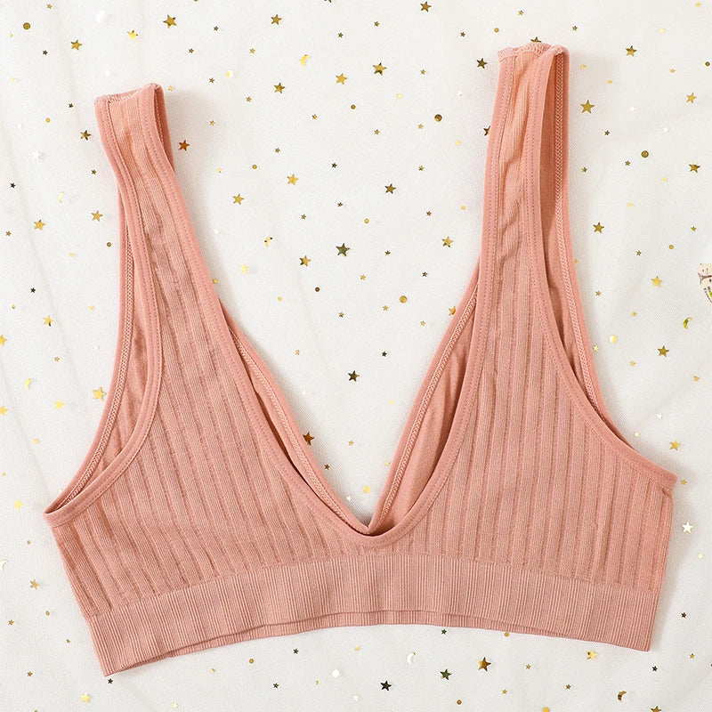 Women Ribbed V-Neck Unpadded Bra High Waist High Cut Briefs Set Wireless Bralette Soft Stretch Panties Sexy Lingerie Set S-L