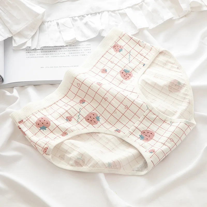 1 Pack Cute Bear & Strawberry Print Cotton Mid-Rise Panties Women's Comfort Underwear M-XL Grid & Striped Print Lingerie