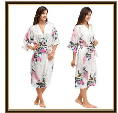 Half Sleeve Loose Style Woman Japanese Kimono Satin Silk Sleepwear Pajamas Peacock Spa Yukata Bathing Robe Lady's Long Dress