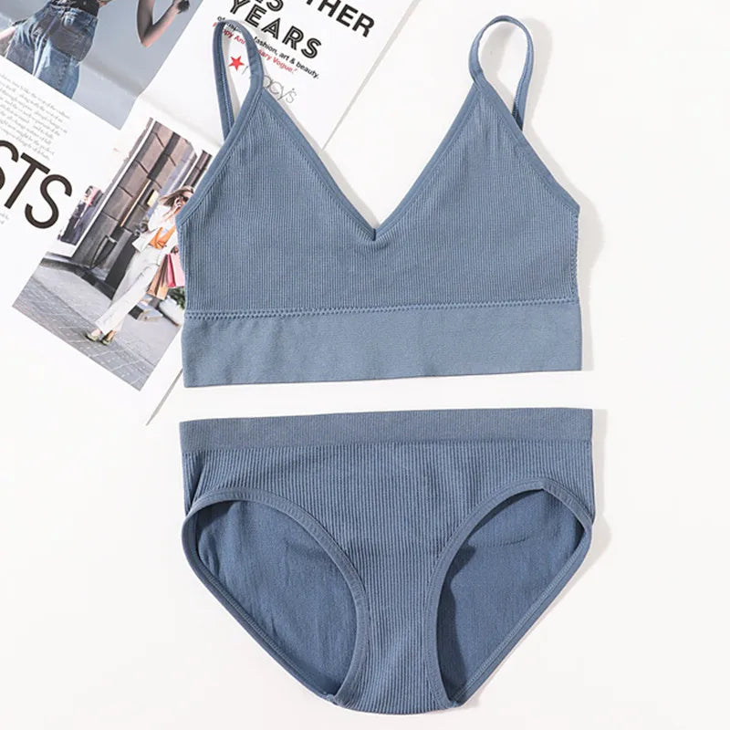 Women Seamless Bra And Panties Set U Back Bra Crop Top Sexy Lingerie Set No Pads Brassiere Low Rise Briefs Ladies Underwear Set