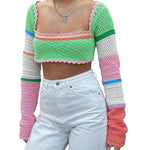Women Summer Crop Tops Splicing Crochet Square Neck Long Sleeves Knitted T-shirt Tops 2021 Streetwear for Girls Green