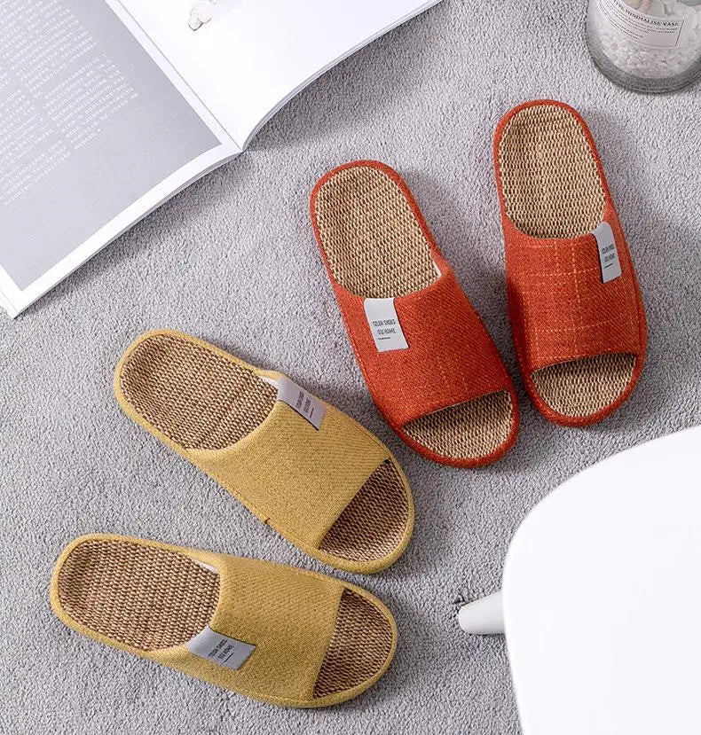 Breathable Flax Slippers Women Men Indoor Mute Slipper Anti-slip Lovers House Floor Shoes SoftLadies Summer Home Slides